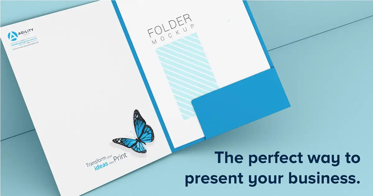 Open presentation folder mockup with blue accents and an Agility Print logo on the cover