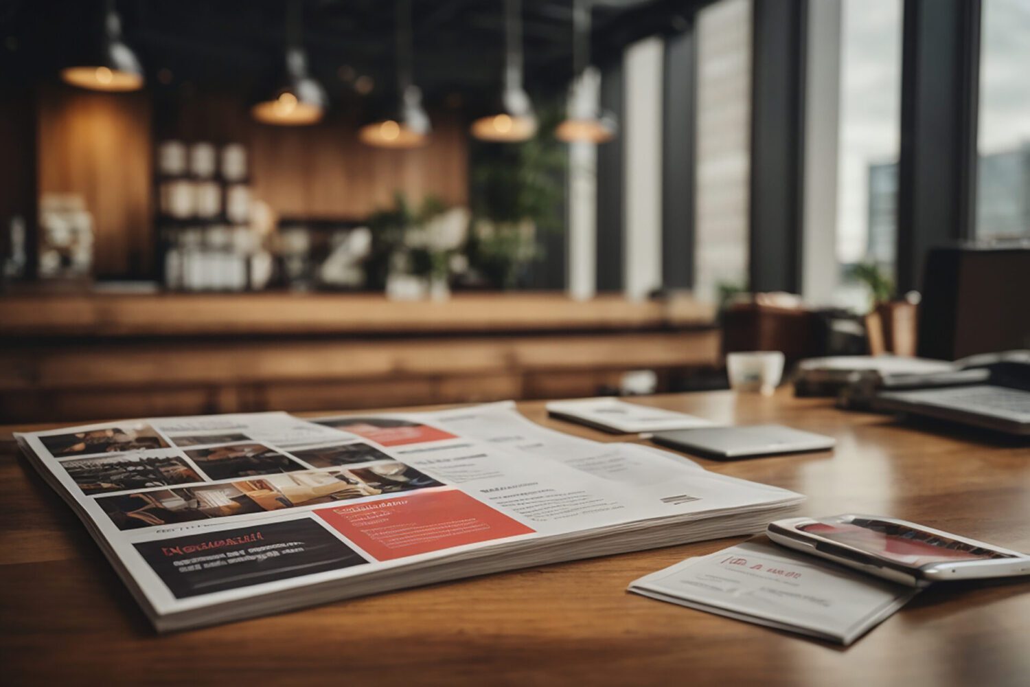 Printed corporate profile brochure on a desk, showcasing professional branding and marketing materials.